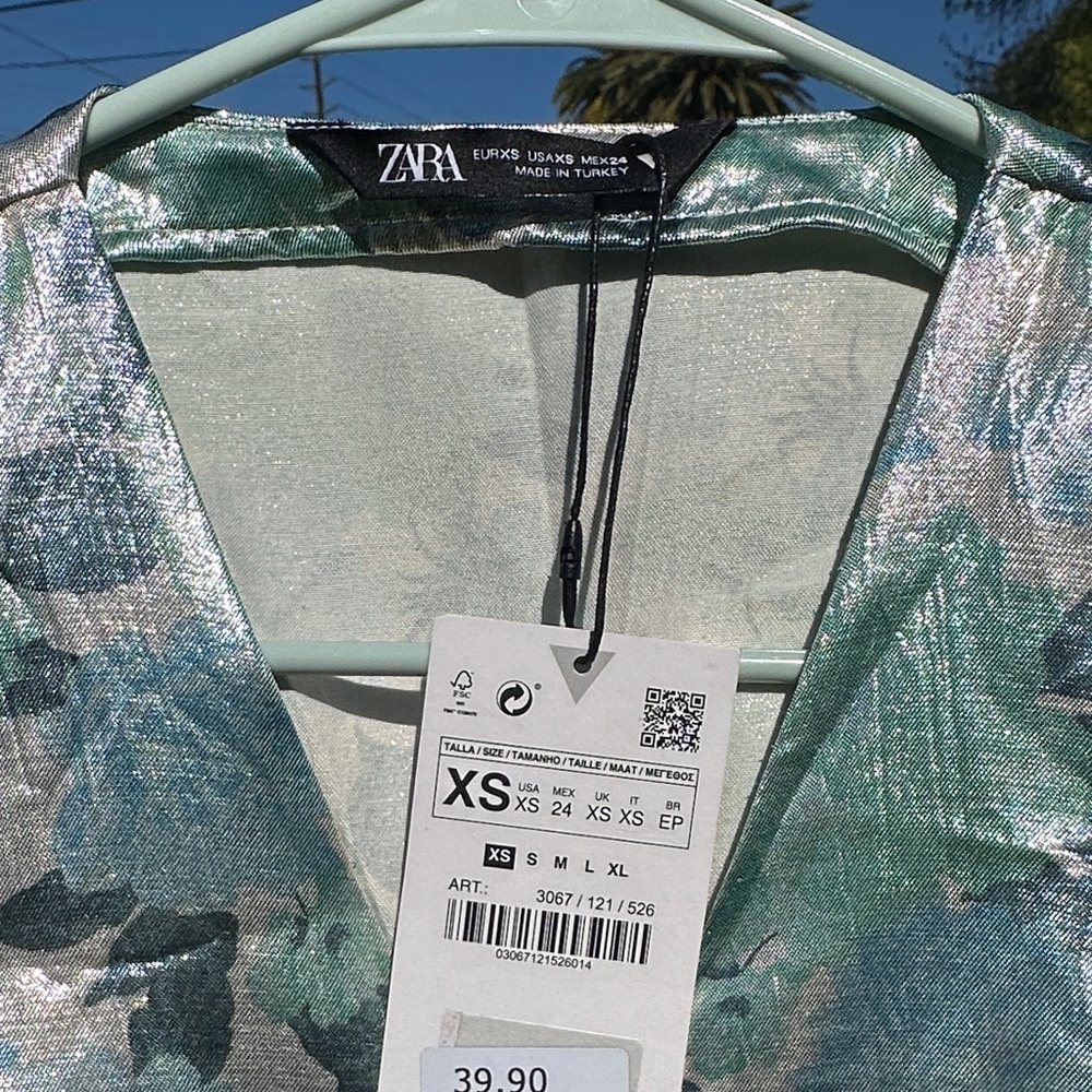 Zara Shimmering Metallic Green and Silver Floral Blouse St. Patrick’s Day - Picture 3 of 5